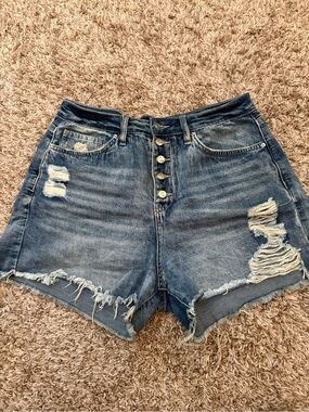 Windsor Distressed High-Rise Denim Shorts - Dark Blue